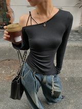 アンバランスオフショルダーストラップ長袖Tシャツ