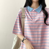 Melba Color Stripe Dangara Collar Short Sleeve Tee