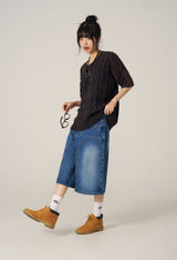 Cable Washing Short-Sleeved Knitwear - Navy