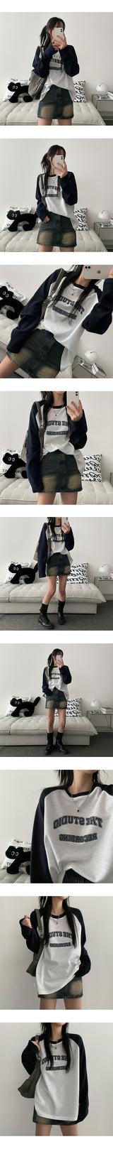 Brick coloration raglan long-sleeved shirt