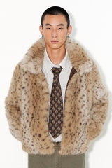Short fur coat with animal print lapels and a standing collar