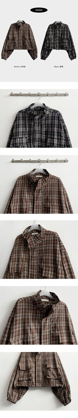 Logle High Neck Check Crop Zip-Up Jumper
