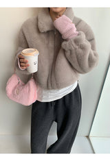 Mink collar short zip-up fur jumper jacket
