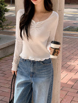 Lua Shirring Lace Frill Rib T-Shirt (4color)