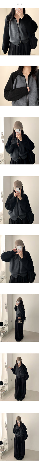 Sera collar color matching nagrang two-way knit zip-up
