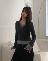 Ripin Color-Block V-Neck Slim Bouclé Long-Sleeve Knit