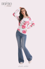 Pink rose off-shoulder long-sleeve top