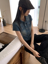 Markle Pocket Slim Washed Crop Denim Short Sleeve Shirt