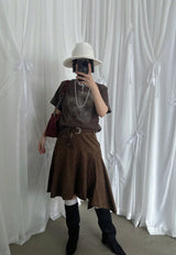 SUEDE UNBALANCE SKIRT WITH BELT SET (BROWN)