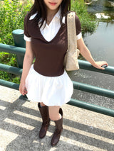 Cafe Layered Pintuck Shirt Brown Short Sleeve Tee (Brown)