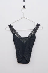 Lace-Trimmed Shirred Smocked Bra Top (Black)