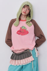 Riverstone Plus フルーツプリント ラグラン袖 コントラストストライプ 長袖Tシャツ