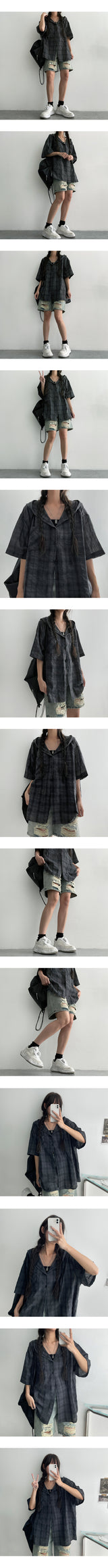 [High quality!] Hugh Linen Checkered Hooded Short Sleeve Shirt (3 colors)