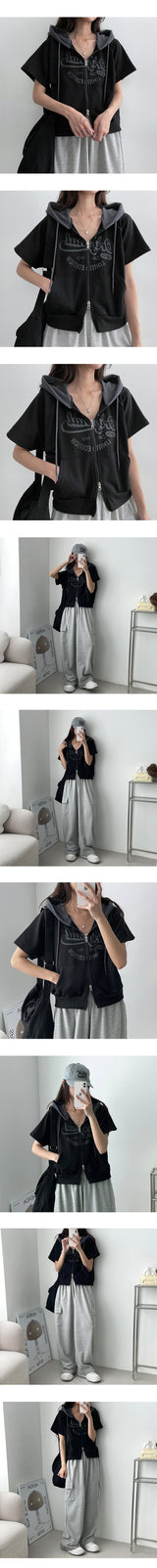 Charlotte Two-Way Color Scheme Short-Sleeved Hooded Zip-Up