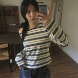 ジロン ストライプ ワンオフショルダー アンバランスTシャツ