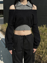 Halter collar sleeveless & long sleeve cropped knit two-piece set (2 colors)