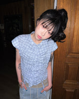 (2color) Ruffle Shirring Check Cap Blouse