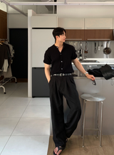 ノーメイスバックバンディングツータックリネンワイドパンツ