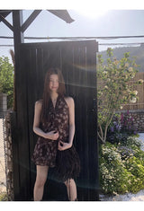 brown ethnic sleeveless skirt two-piece