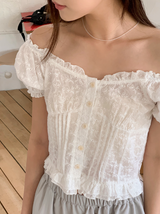 #Flower Embroidery Crop Short Sleeve Blouse (2color)