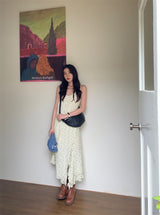 Slit shirring flower long sleeveless dress