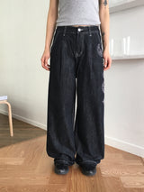 スコールツーウェイピンタックペイズリーキュービックステッチノンフェイドデニムロングワイドパンツ