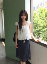Borin Frill Lace Ribbon Layered Sleeveless Blouse