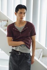 High ribbed henley neck half sleeves(Burgundy)