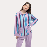 ロイヤル パープル アンド エメラルド グリーン コントラスト ストライプド スリープセット - 95% Cotton 5% Spandex Relaxed Pajamas