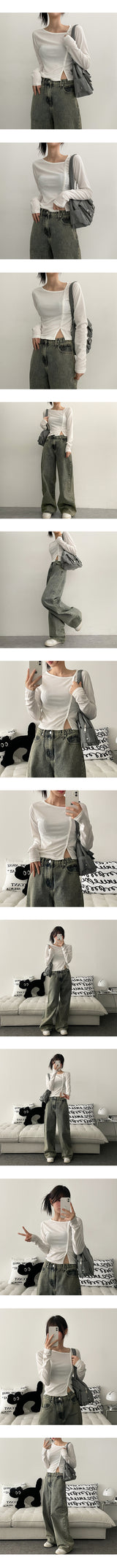 Hani Unbalanced Snap Crop Long Sleeve T-shirt