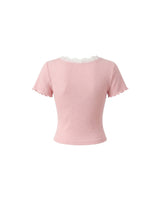 Rosy Lace Slim Rib Knit Short Sleeve Cardigan Pink