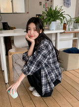 #Deep Blue Vintage Check Loose Shirt