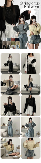 Pleated Unbalanced String Cropped Long-Sleeved Knitwear