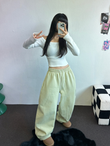 フリース/ストリング❤ベーシックルーズワイドロングパンツ 💜💙💚🤍4カラー