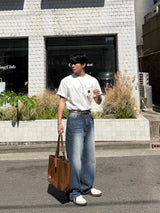 Dun paper washed wide denim