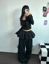 FLEECE PICKABLE❤RIBBON CANCAN BOOTSCUT WIDE 2 STYTLE PANTS🖤🩶🤎💛5COLOR