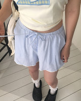 モムストライプバートンレースコットンショートパンツ