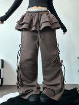 FLEECE PICKABLE❤RIBBON CANCAN BOOTSCUT WIDE 2 STYTLE PANTS🖤🩶🤎💛5COLOR