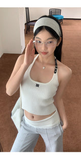 ホルターネックバックルリブノースリーブTシャツ