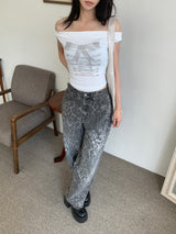 レースオフショルダーコルセットリボンプリントショートスリーブTシャツ(White)