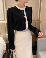 Tiv Frill Color Matching Velvet Blouse