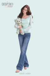 Mint chiffon mesh shirring long-sleeve tee