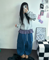 フリースピカブルー❤ベーシックワイドカーゴバルーンロングパンツ💚💙🖤🩶🤍5カラー