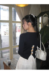 Back White Bow Long Sleeve Knit T-shirt