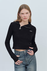 LOGO MIX UNBALANCE HALF ZIP-UP TOP - BLACK