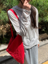 サユストライプボタンフード長袖Tシャツ
