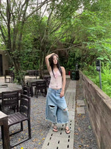 Pink stripe lace-up sleeveless t-shirt