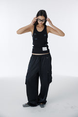 SATIN WIDE CARGO PANTS	(BLACK)