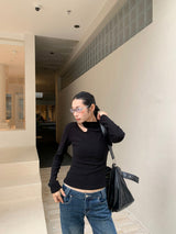 Hollow Shoulder Slit Point Long Sleeve T-Shirt