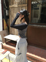 シースルー スリム オフショルダー ラグラン Tシャツ (3色)